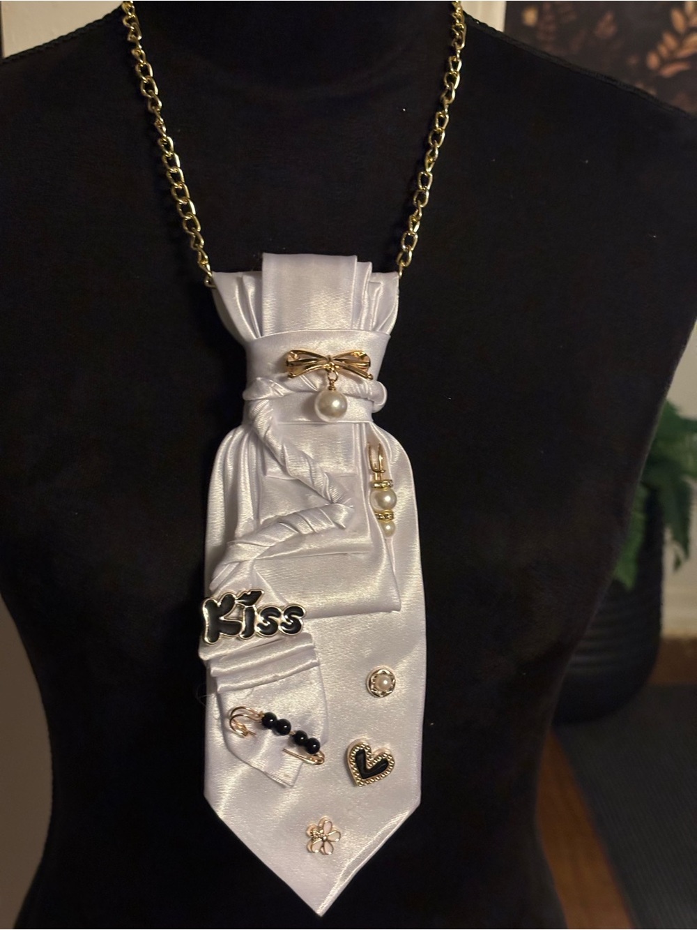 White Satin Bow Pendant Necklace with Pearl & Charm Accents